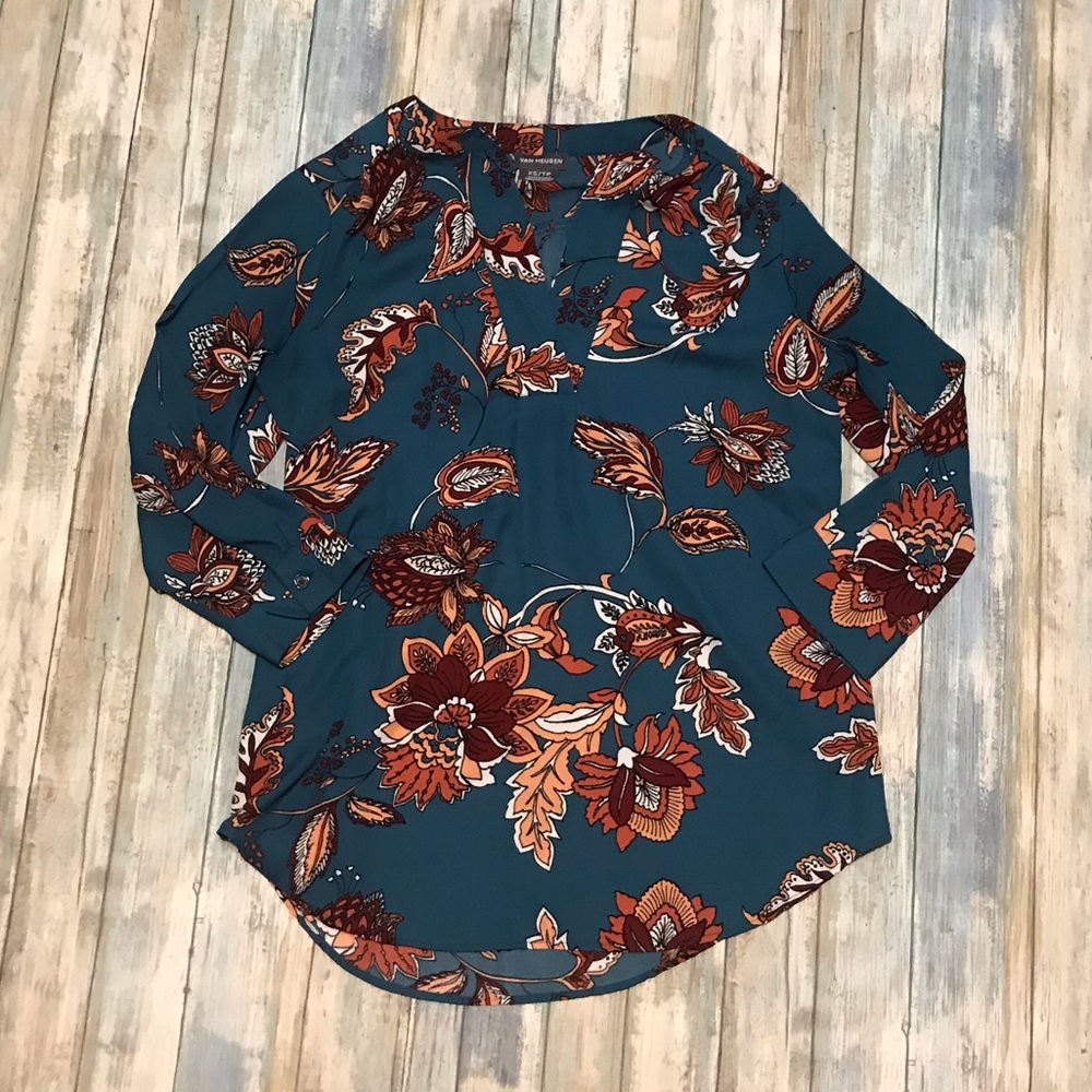 Gorgeous Van Heusen Dark Teal Leaves Blouse XS - Picture 1 of 4